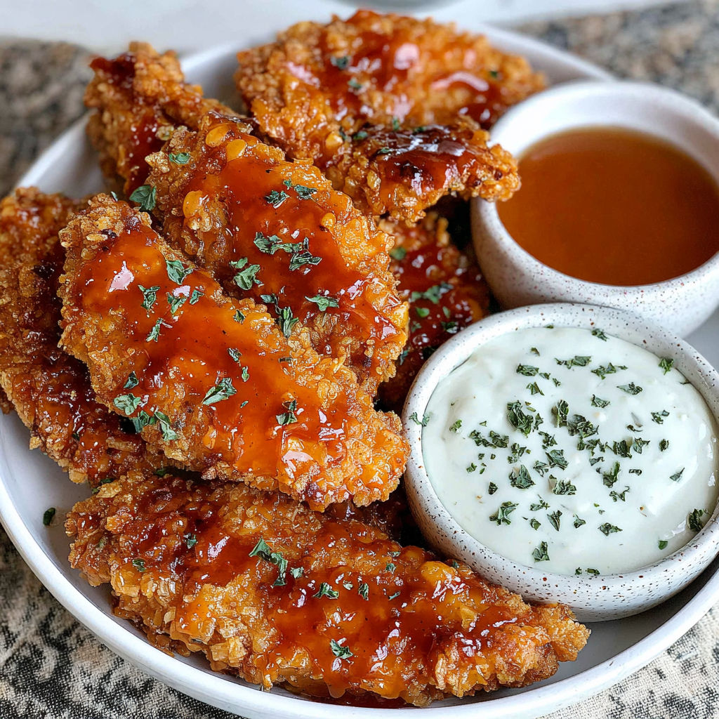 A plate of air-fried honey buffalo chicken tenders.