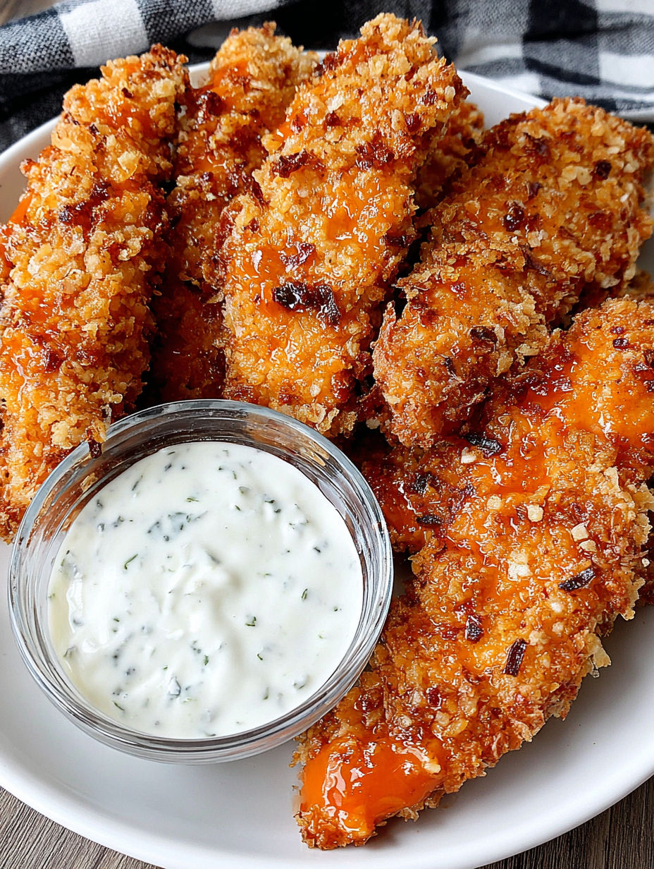 A plate of fried chicken with a dipping sauce.