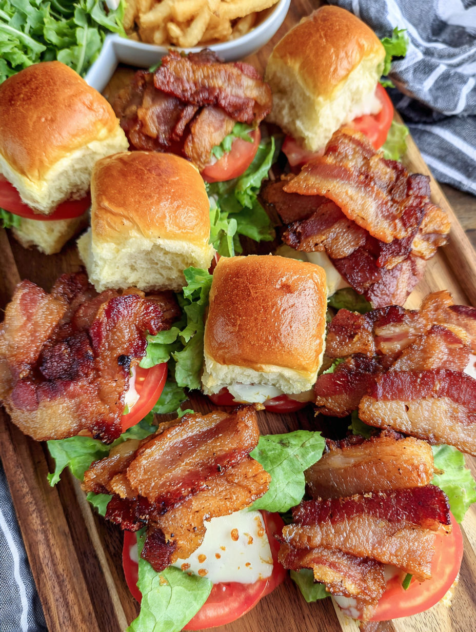 Bacon BLT sliders on a wooden platter.