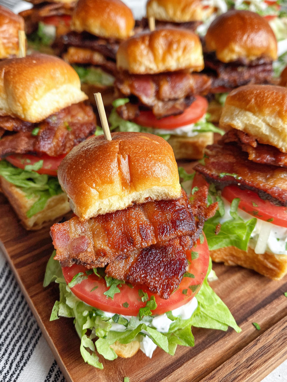 Bacon BLT sliders on a wooden platter.
