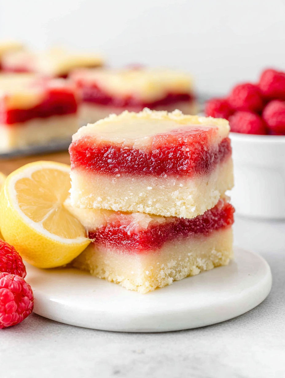 A slice of cake with raspberry and lemon flavors.