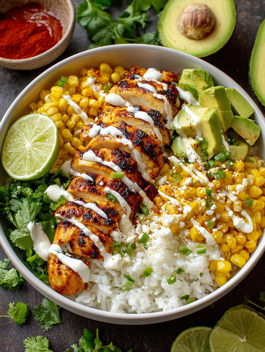 A bowl of food with chicken, rice, corn, and avocado.