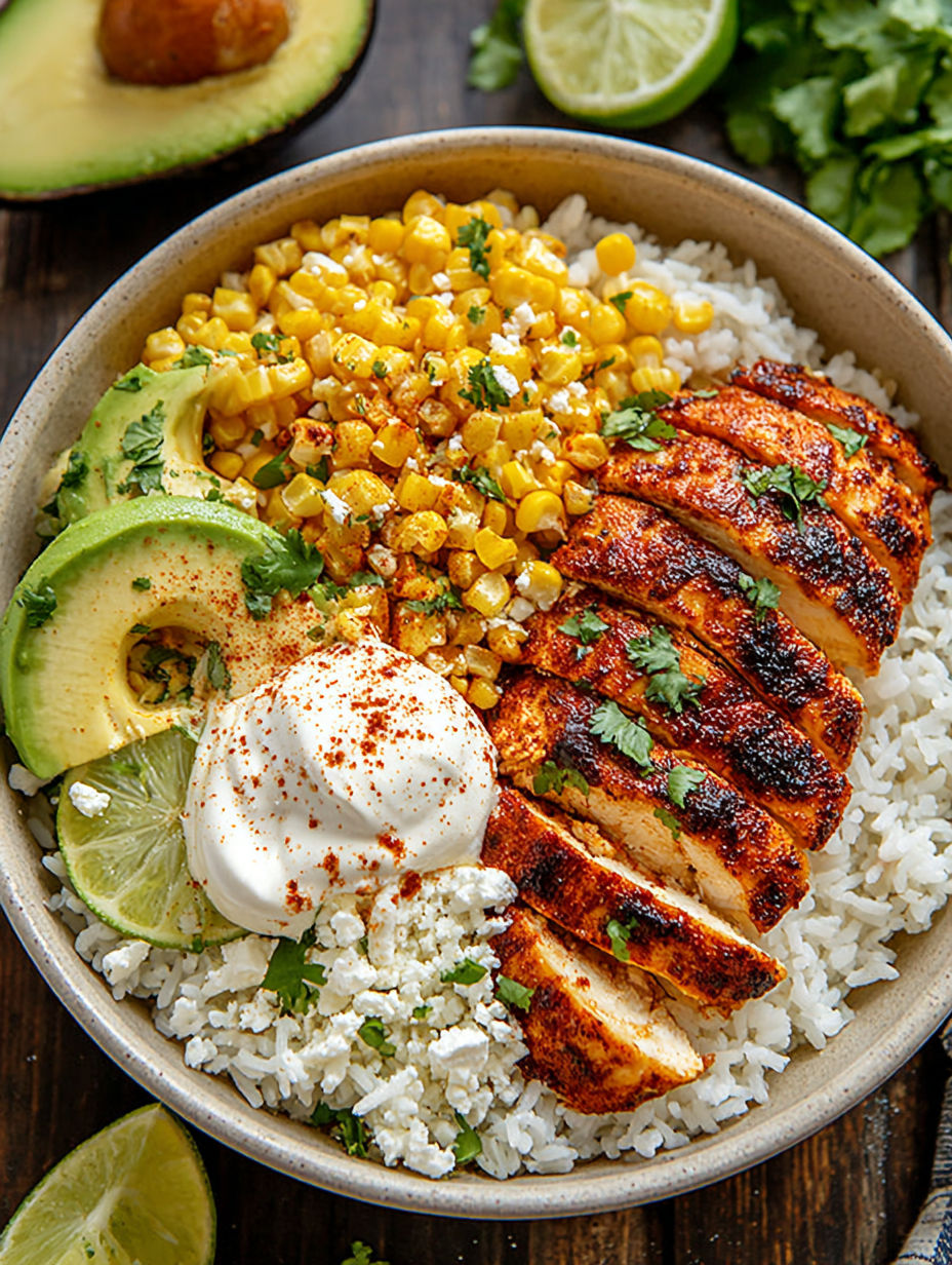 A bowl of food with rice, chicken, corn, and avocado.