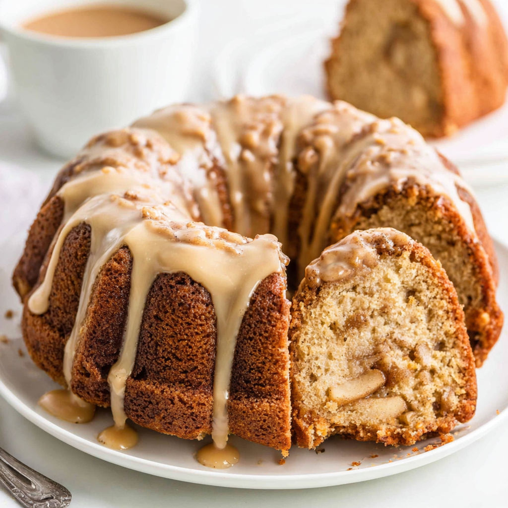 A slice of caramel apple bundt cake.