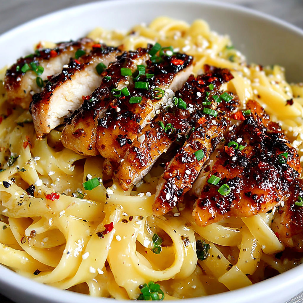 A bowl of pasta with chicken and peppers.