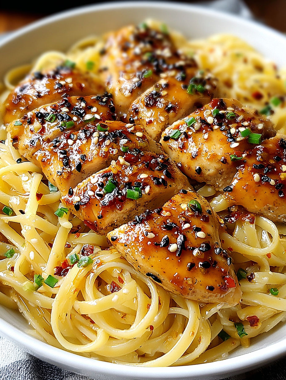 A plate of food with chicken and pasta.