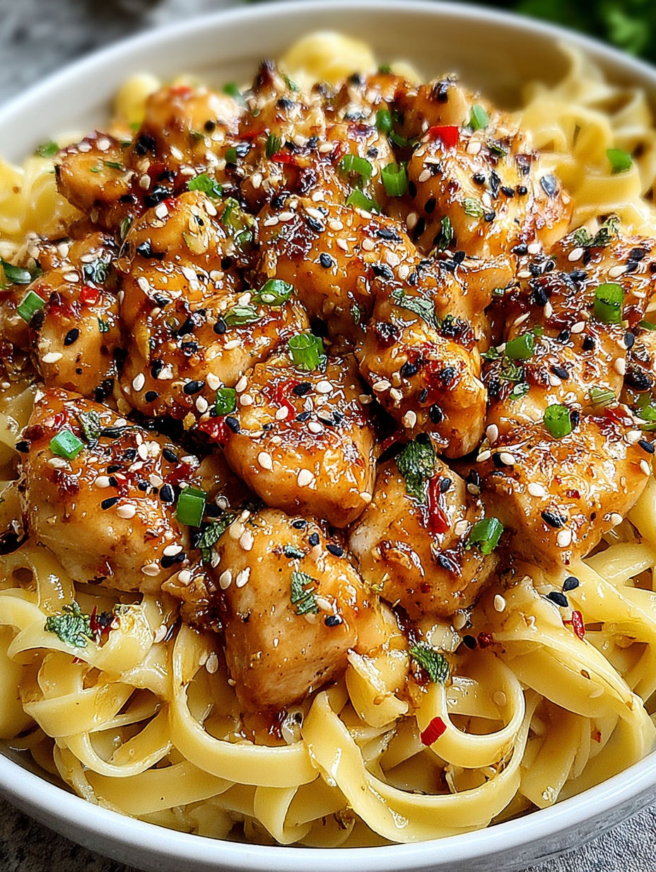A delicious meal of chicken and pasta.