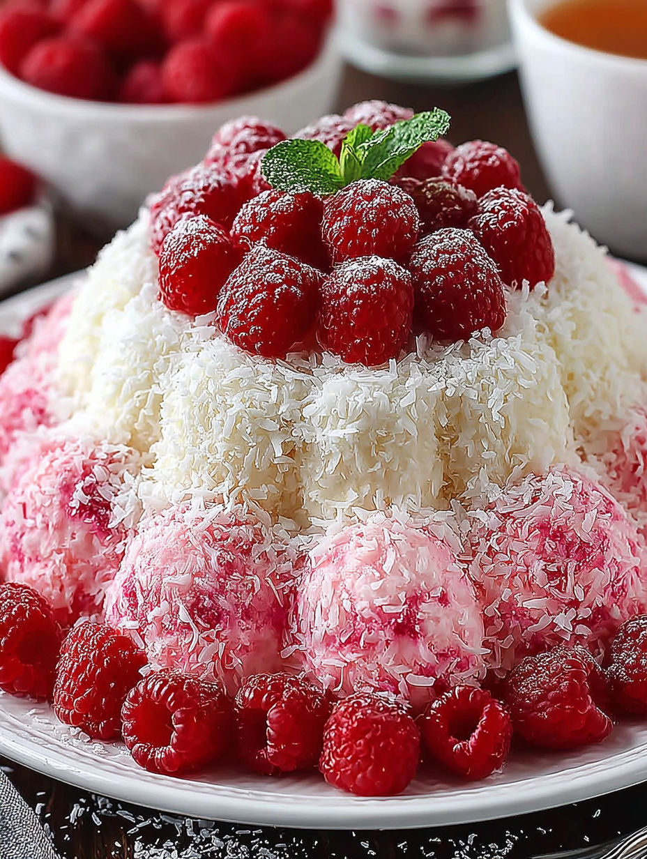 A white cake with red raspberries on top.