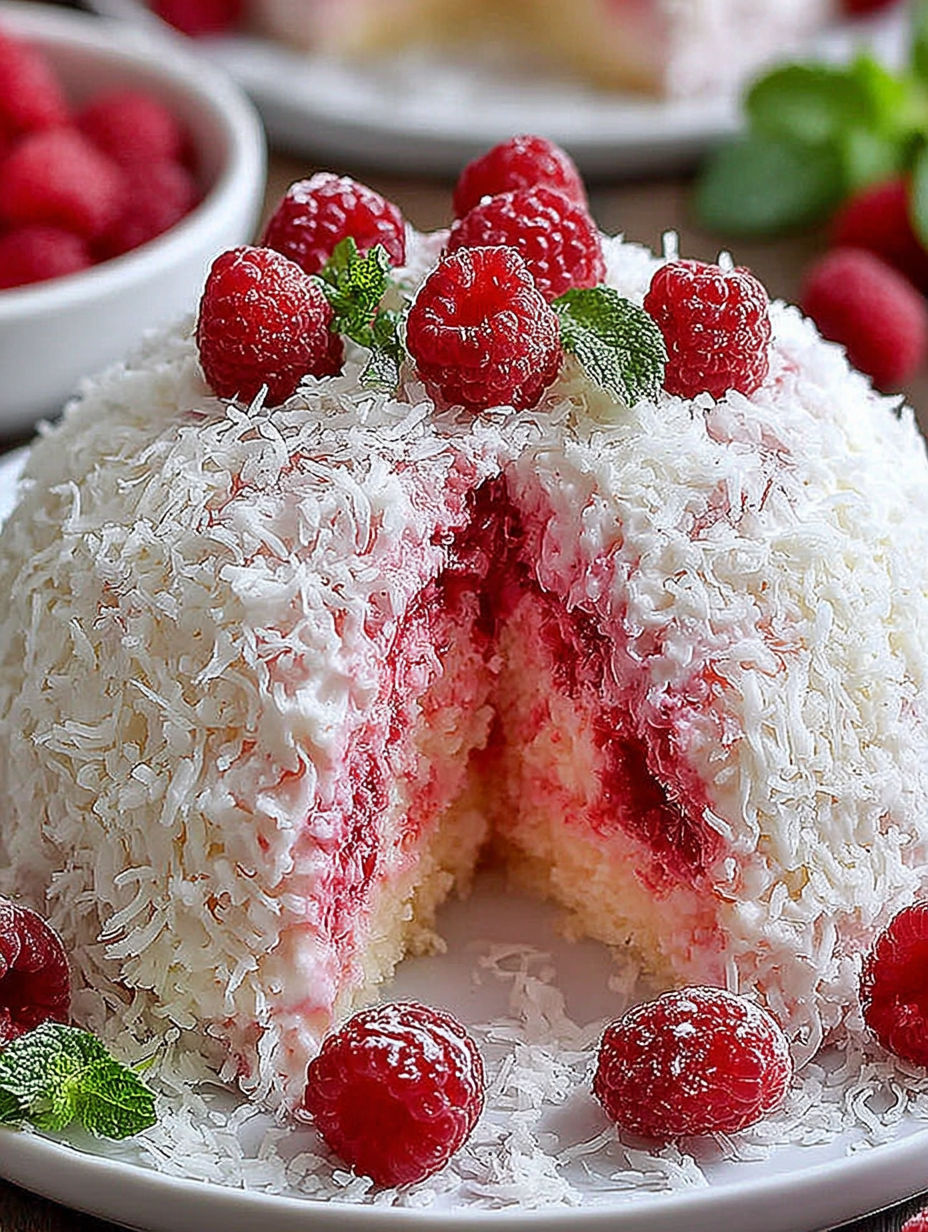 A slice of a snowball cake with raspberries on top.