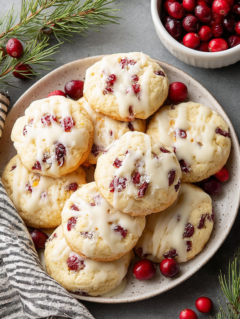 A plate of cookies with white frosting and red berries.