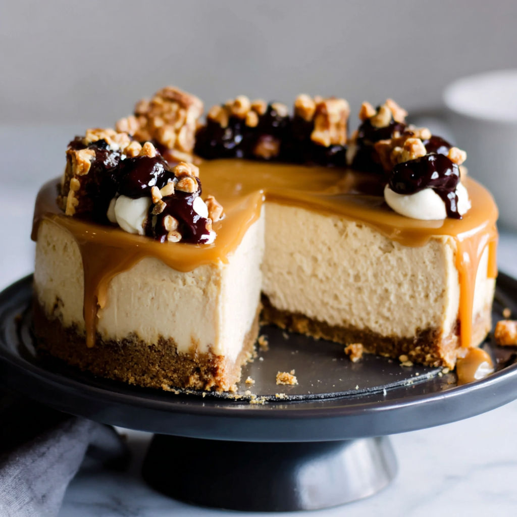 A slice of loaded butterscotch cheesecake.
