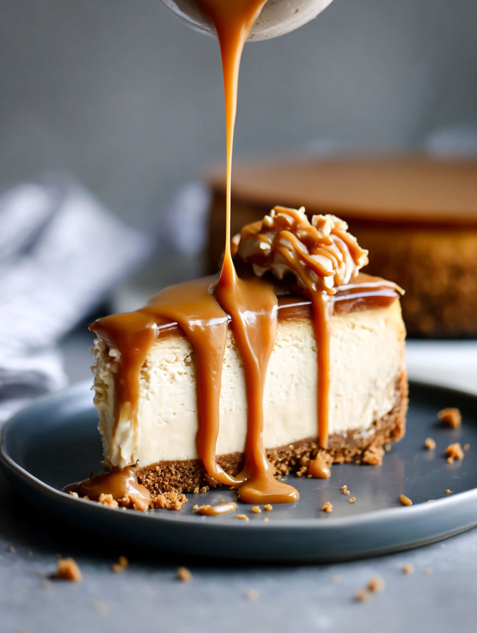 A slice of cheesecake with caramel drizzled on top.
