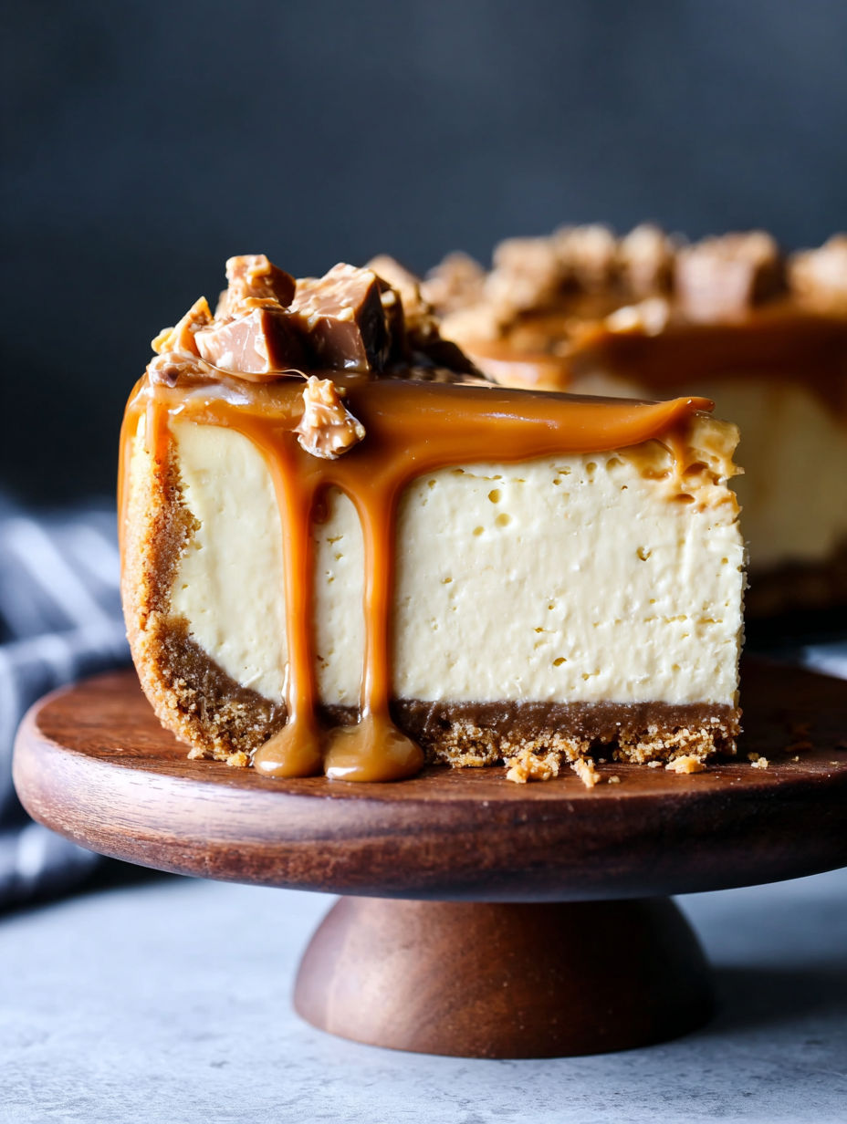 A slice of cheesecake with caramel drizzled on top.