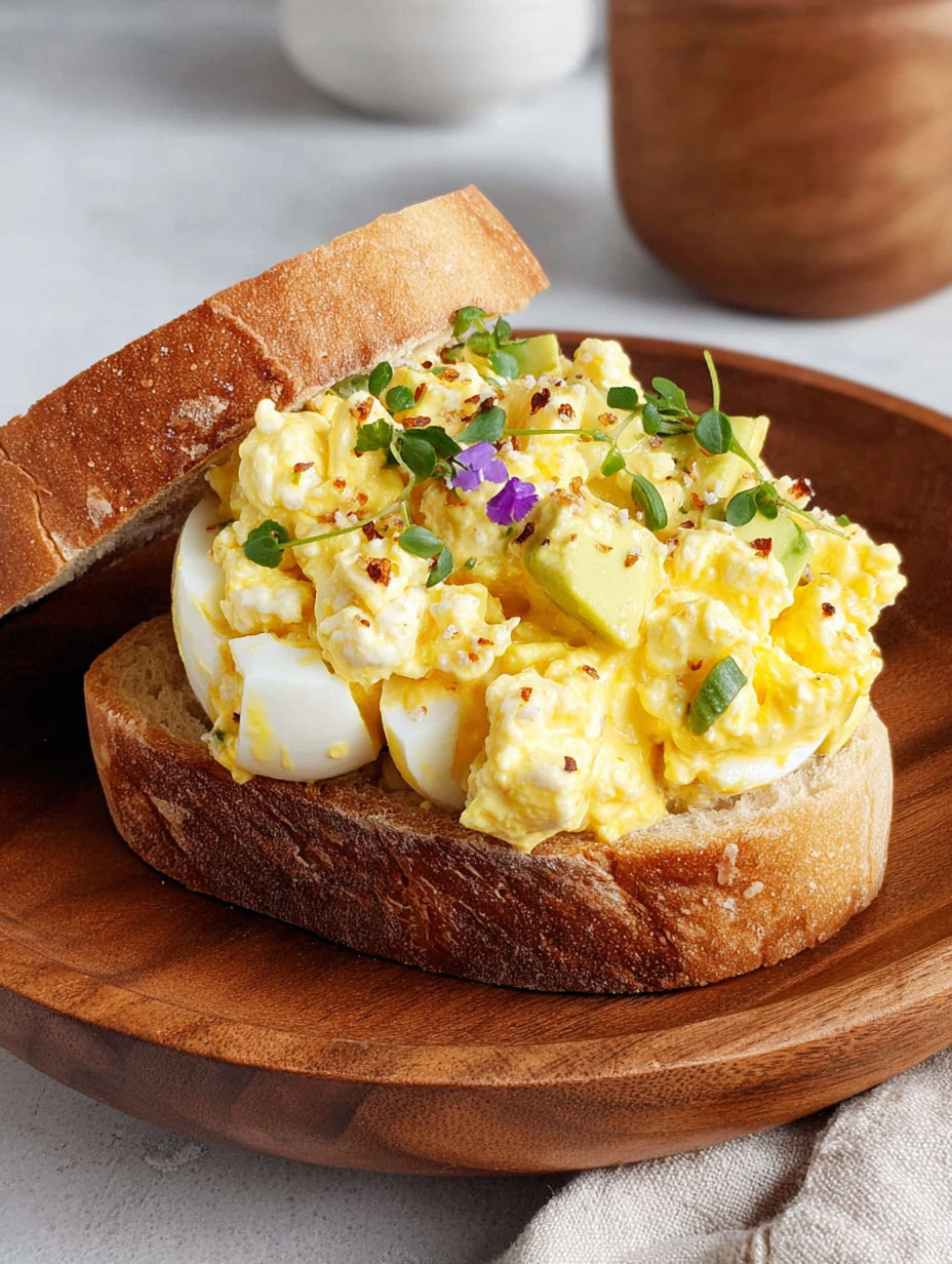 A sandwich with egg salad and cottage cheese.