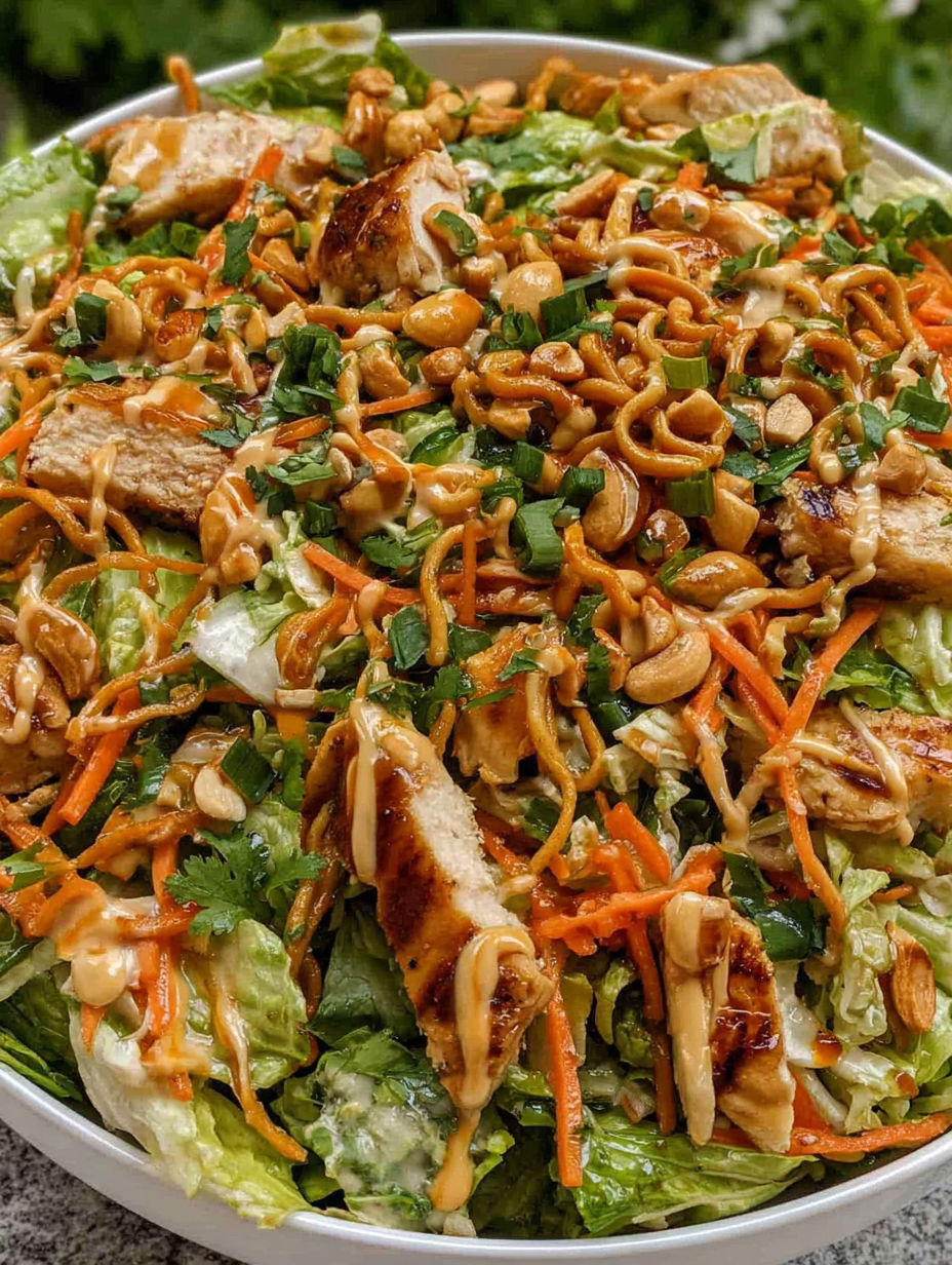 A salad with chicken, cashews, and carrots.