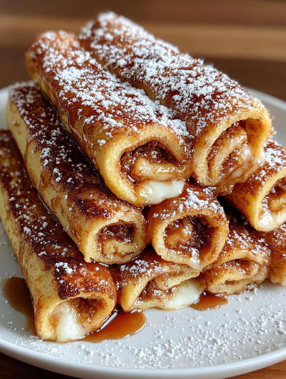 A stack of pastries with powdered sugar on top.