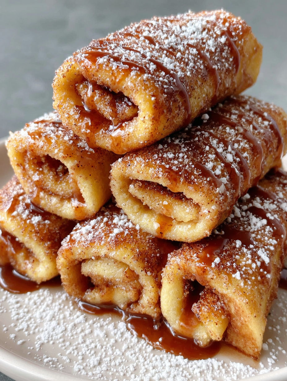 A stack of pastries with a syrup drizzle.