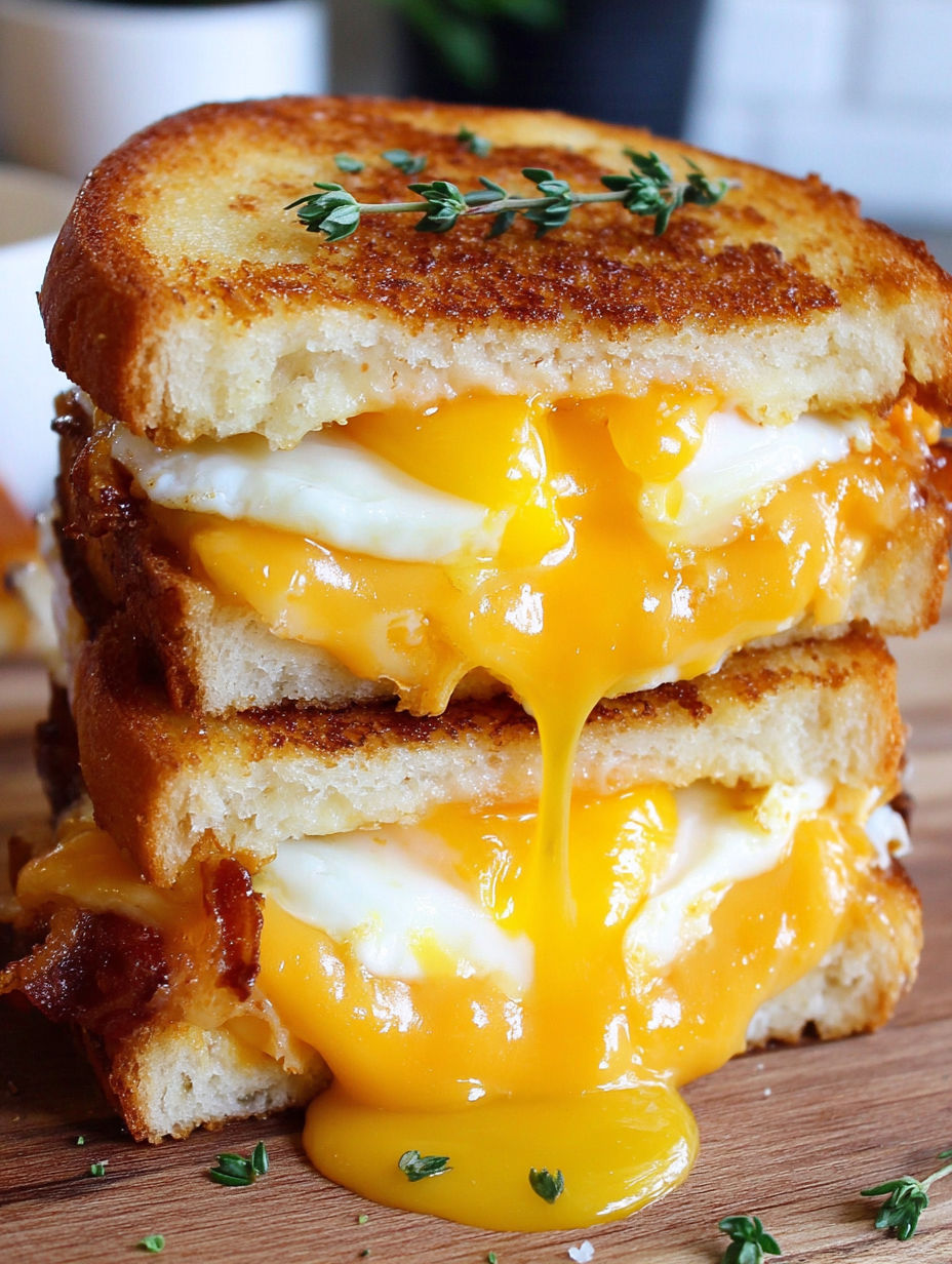A grilled cheese sandwich with a fried egg on top.