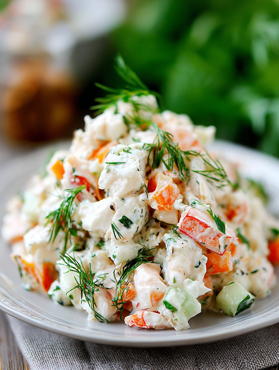 A white plate with a delicious crab salad.