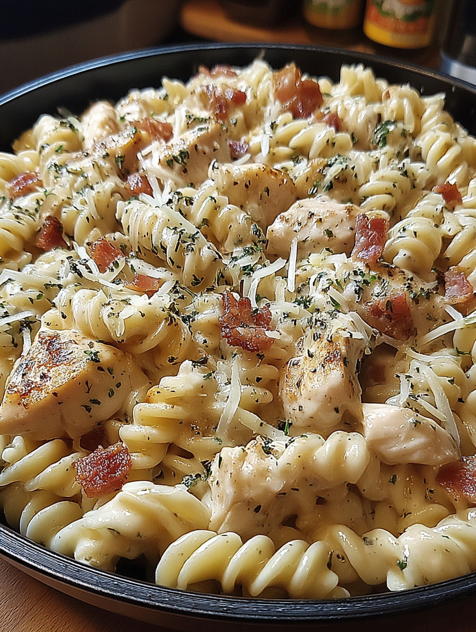 A bowl of pasta with chicken and cheese.