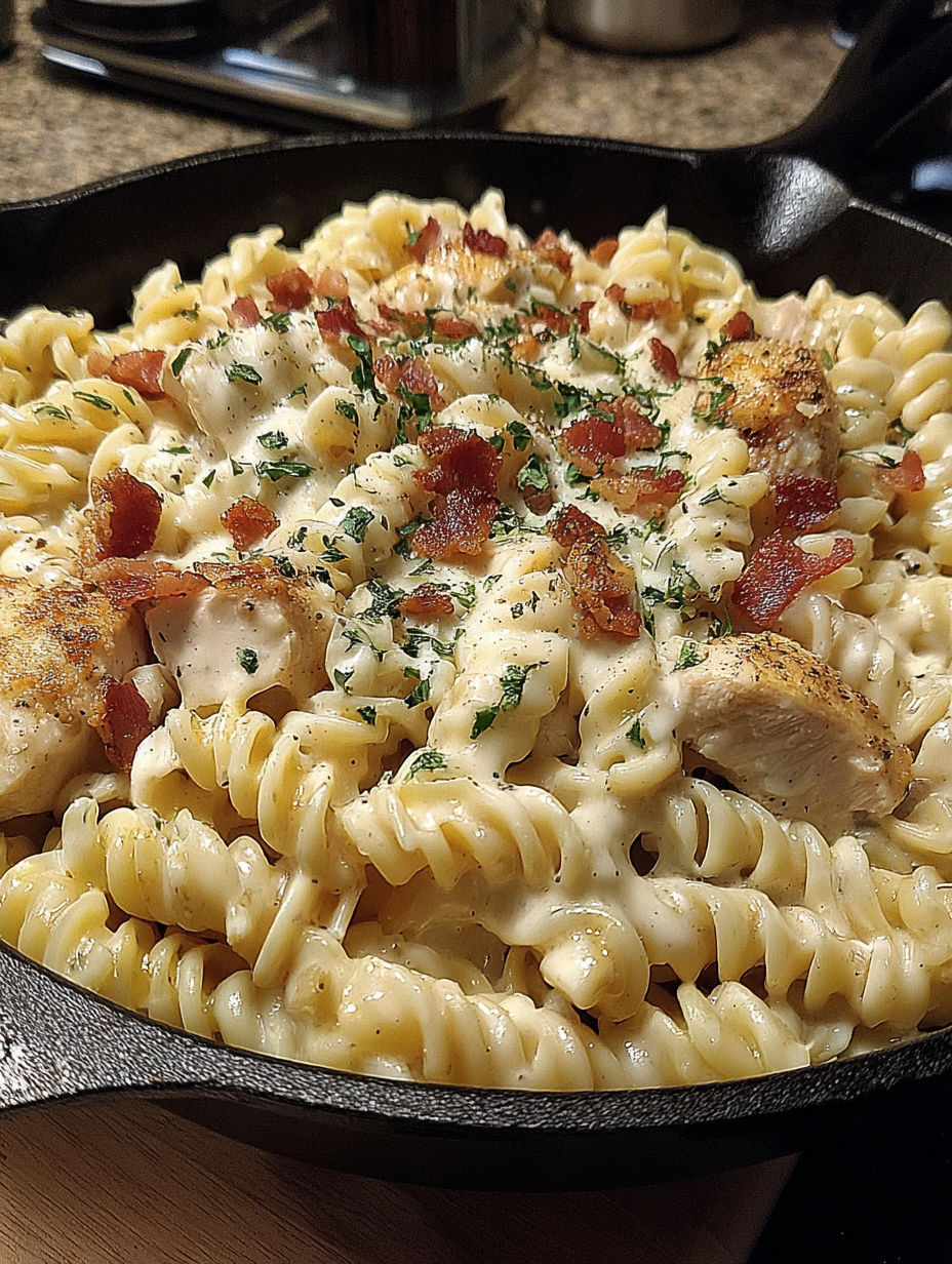 A delicious pasta dish with chicken and bacon.