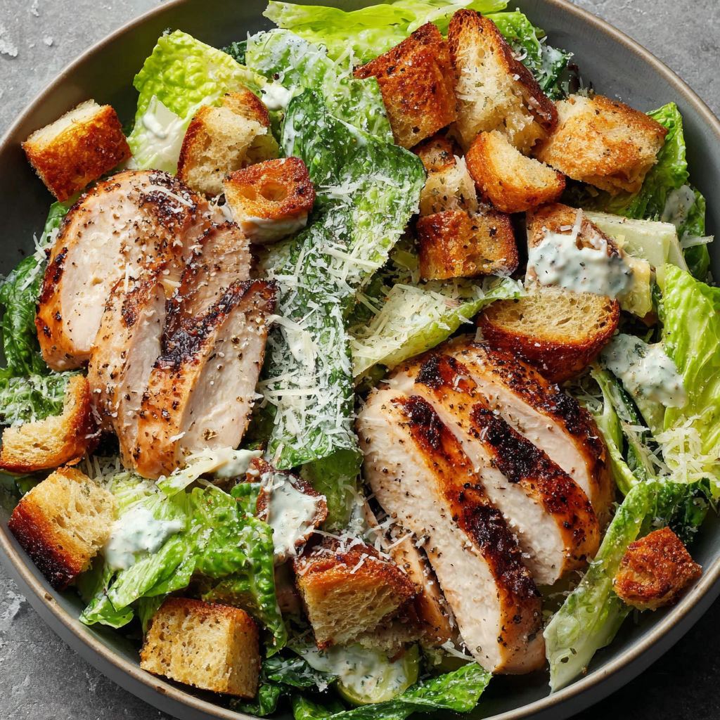 A plate of chicken Caesar salad.