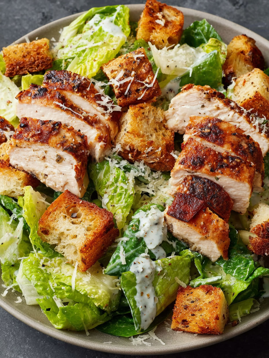 A salad with chicken, bread, and cheese.