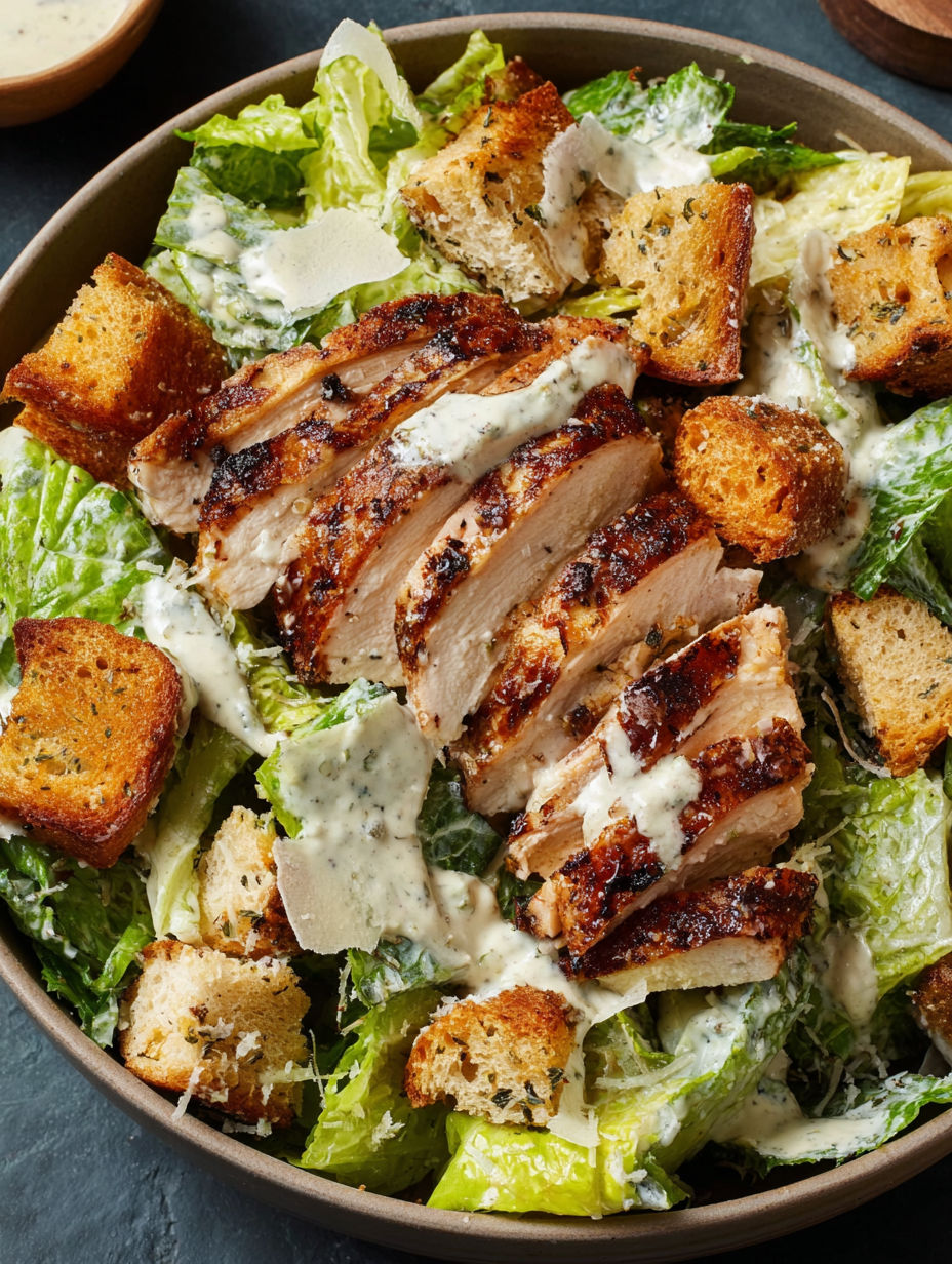 A bowl of chicken salad with croutons.