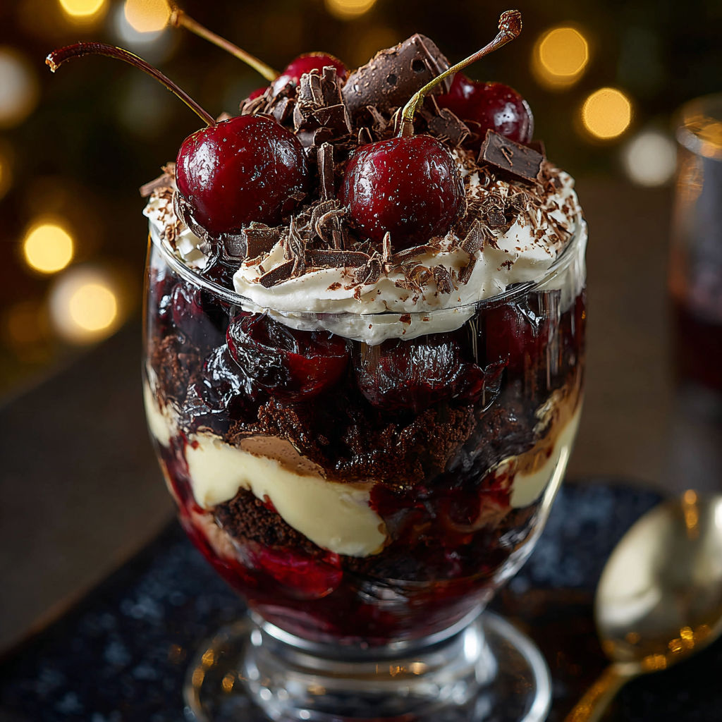 A dessert with chocolate, cherries, and whipped cream.