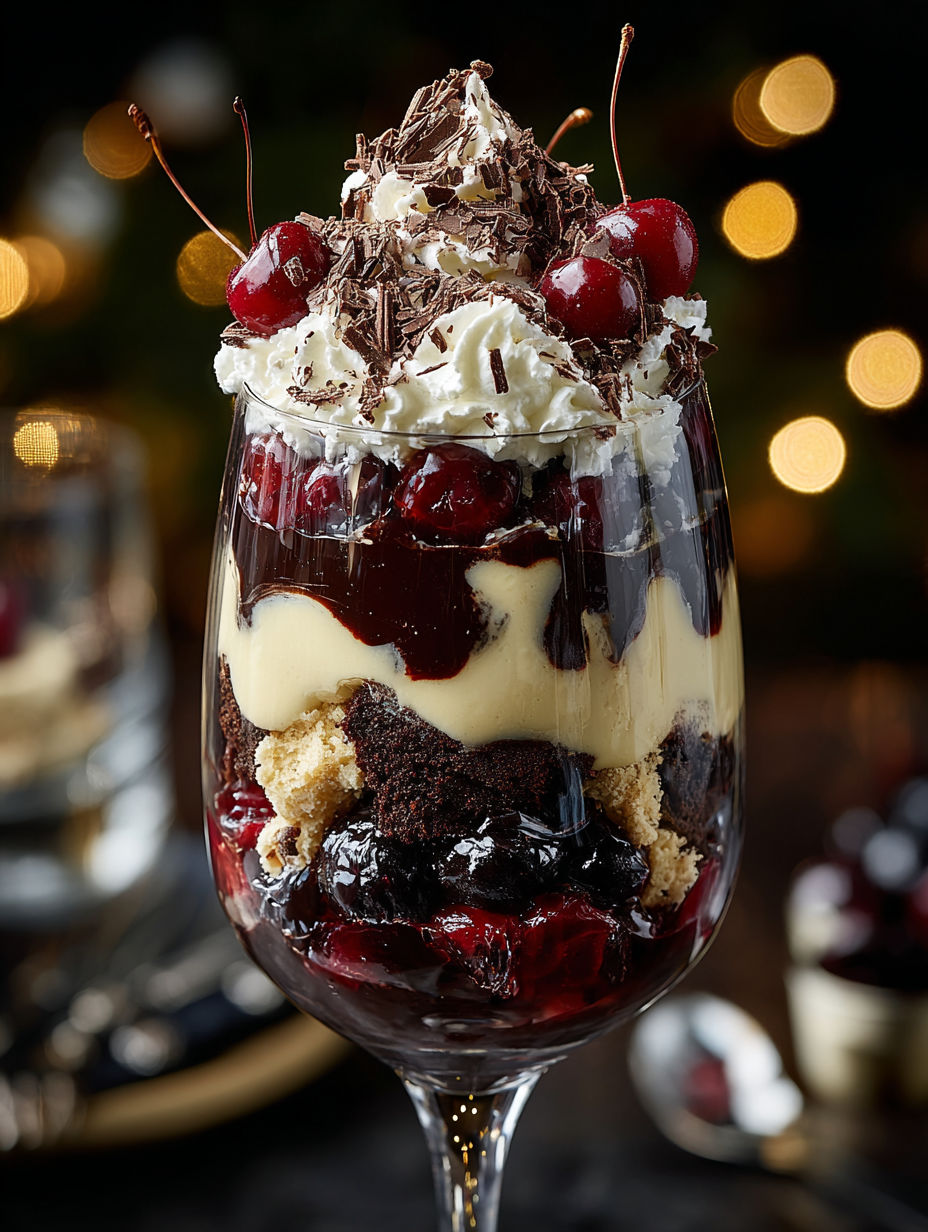 A glass of Black Forest Trifle for Christmas.