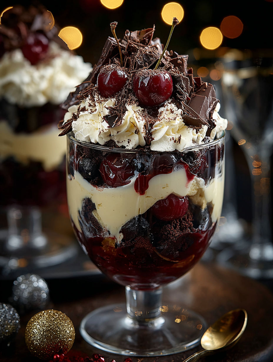 A glass of Black Forest Trifle for Christmas.