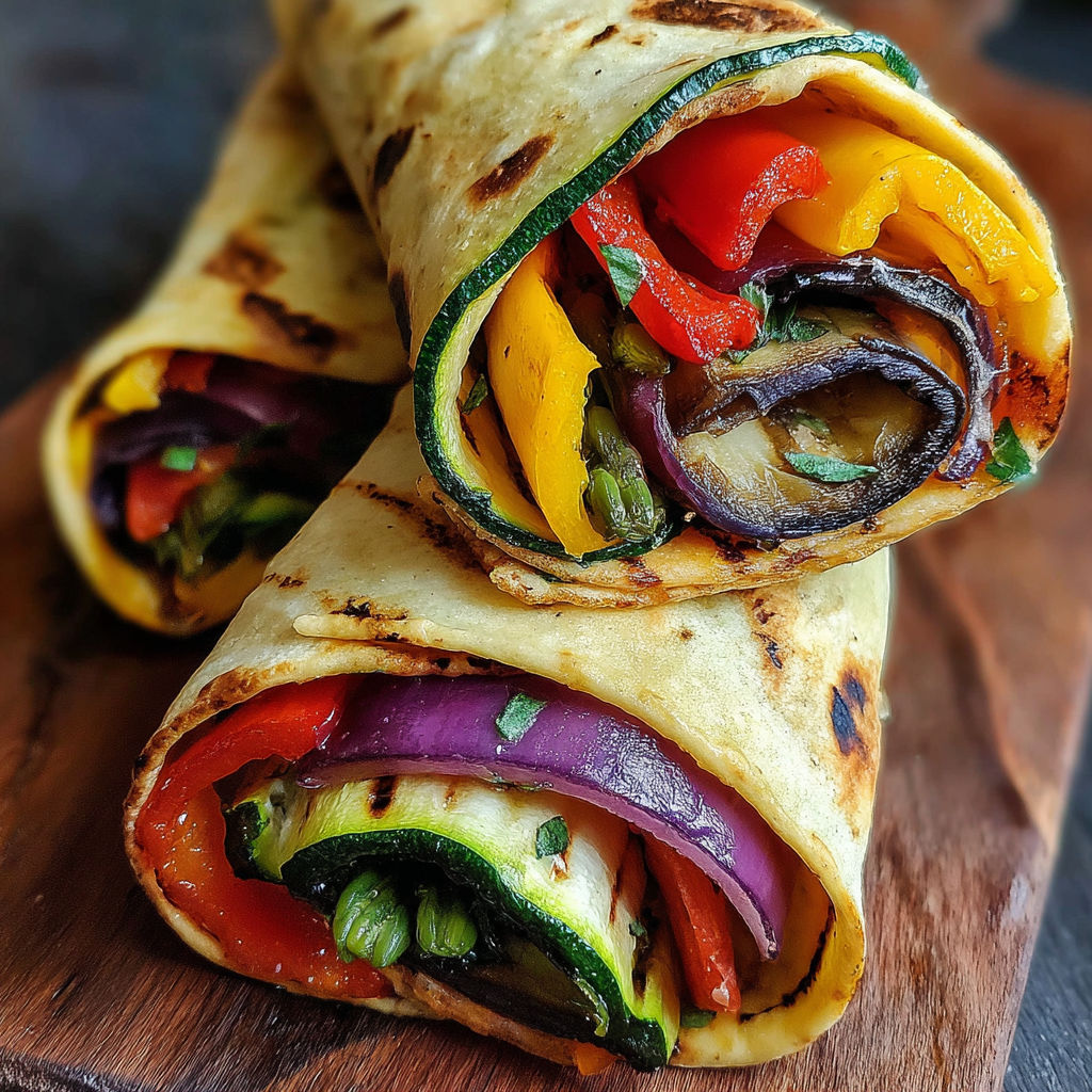 A grilled vegetable wrap with a variety of vegetables.