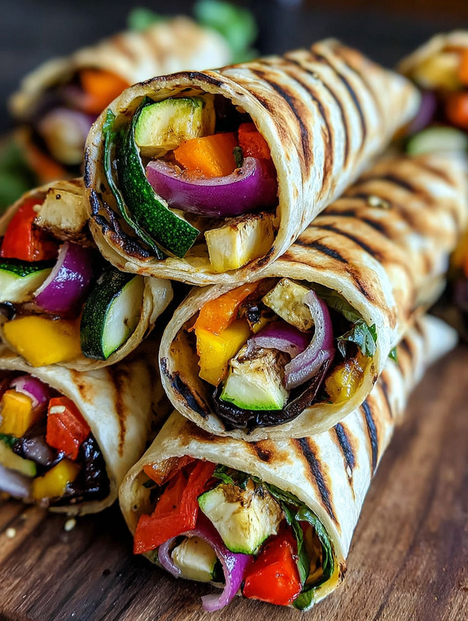 A vegetable wrap with a variety of vegetables including zucchini, carrots, and peppers.