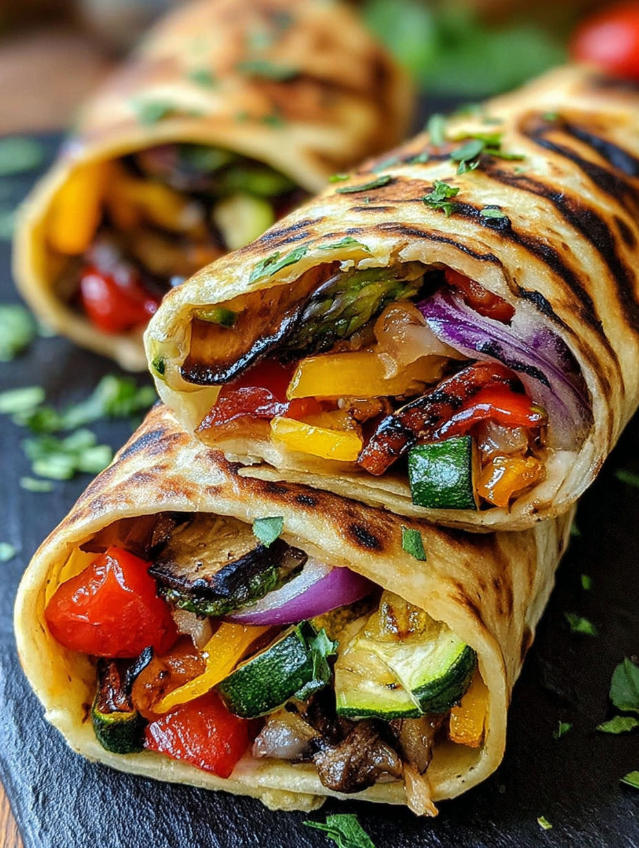 A vegetable wrap with a variety of vegetables including tomatoes, peppers, and zucchini.