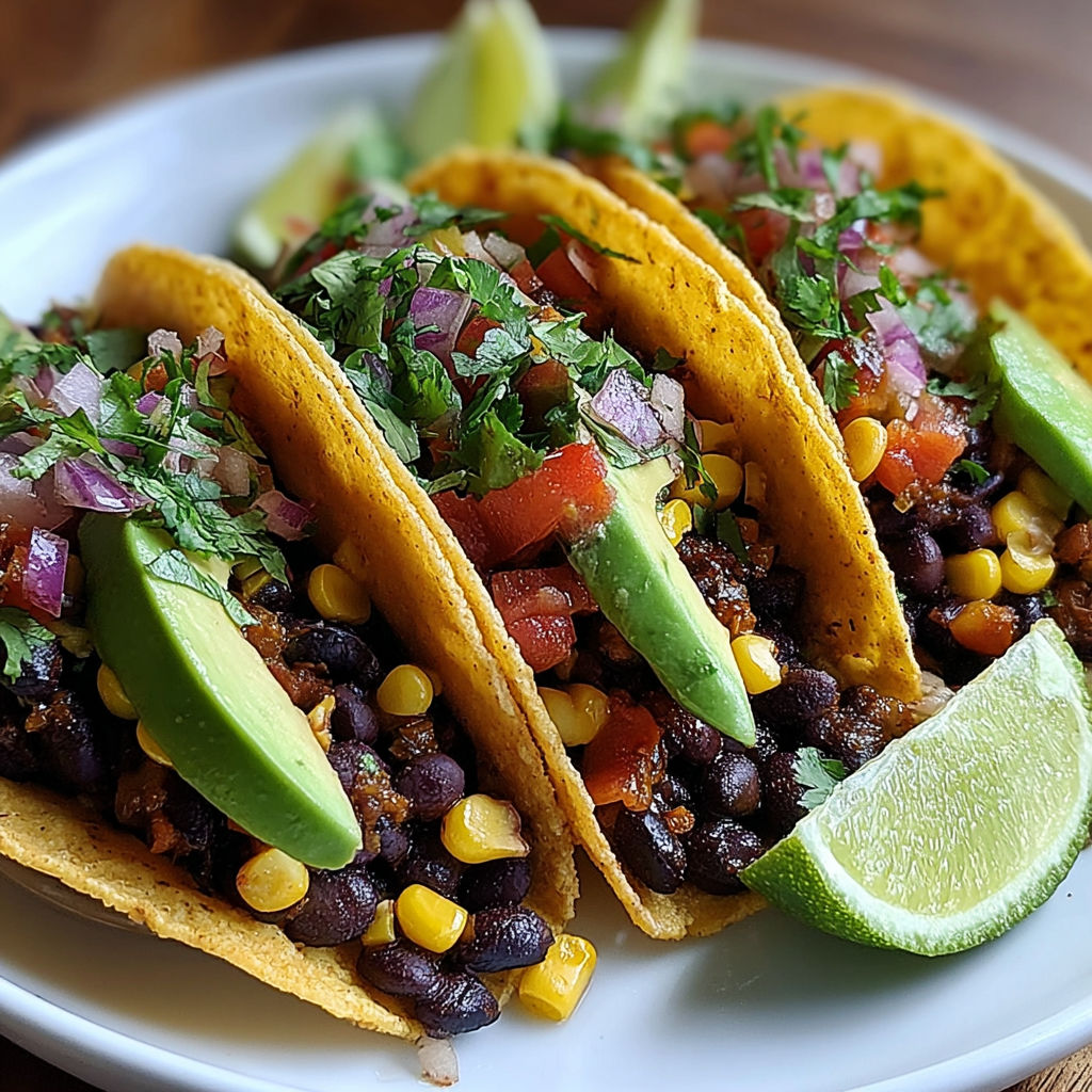 A plate of vegetarian tacos with black beans, corn, and avocado.