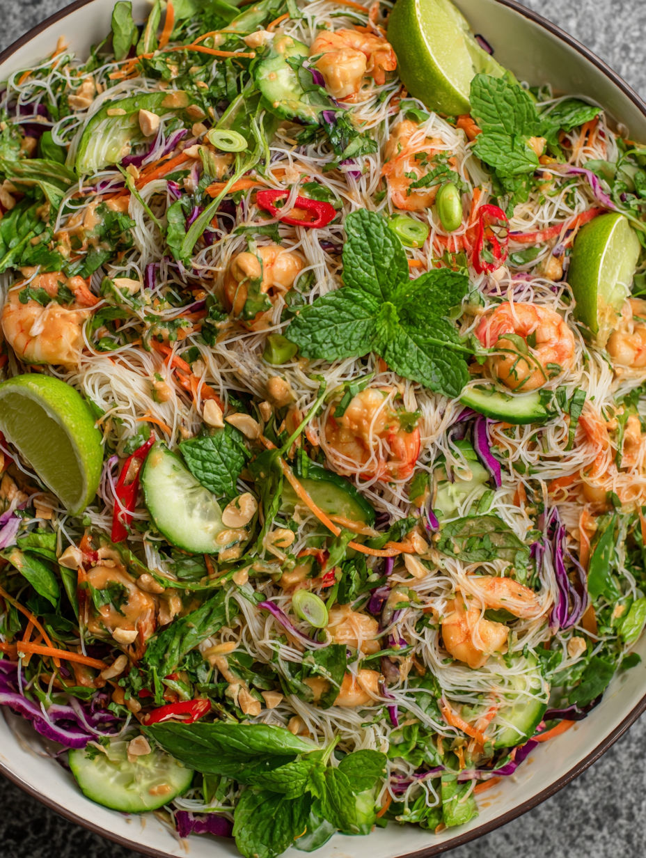 A bowl of shrimp and vegetable noodle salad.