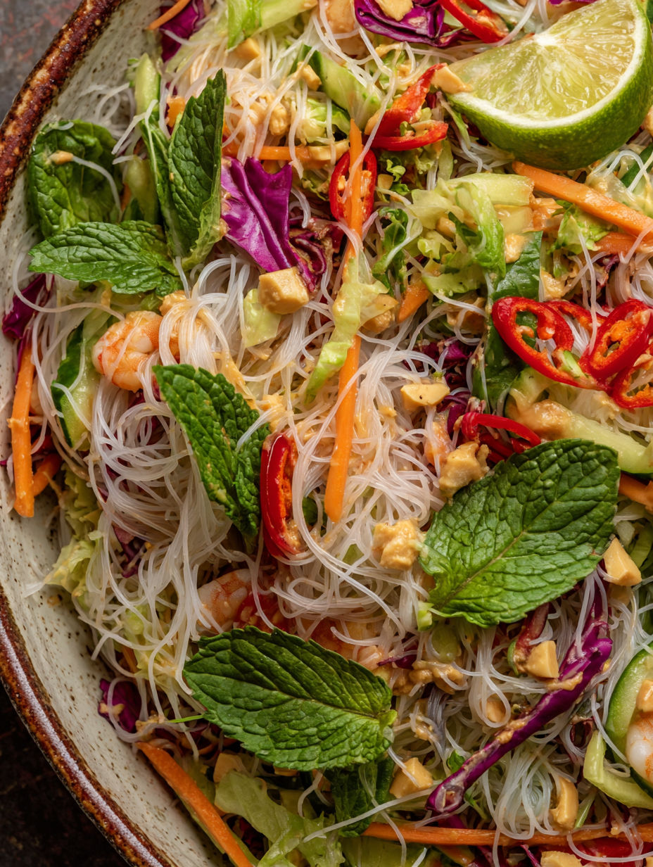 A bowl of noodles with vegetables and meat.