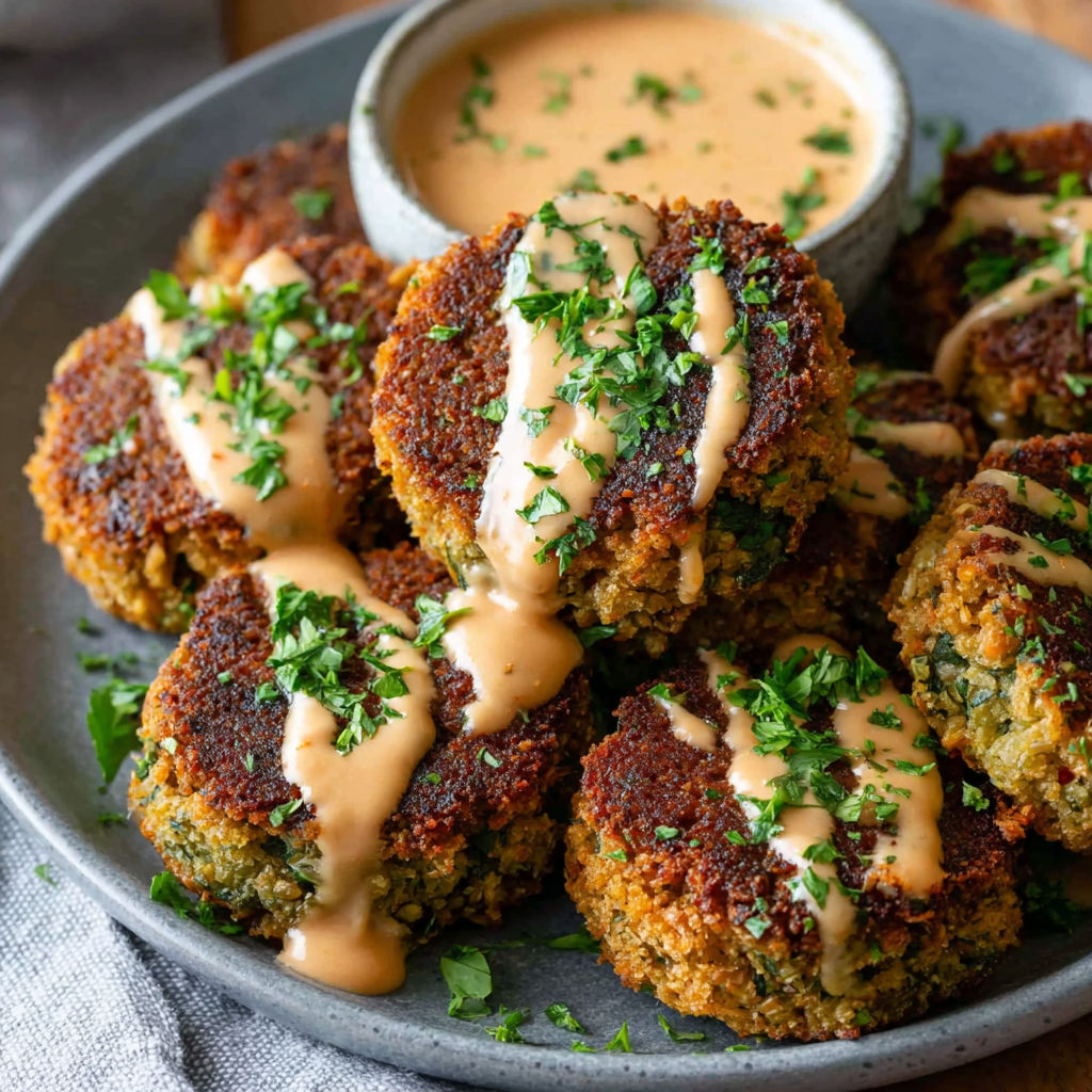A plate of baked falafel with tahini sauce.