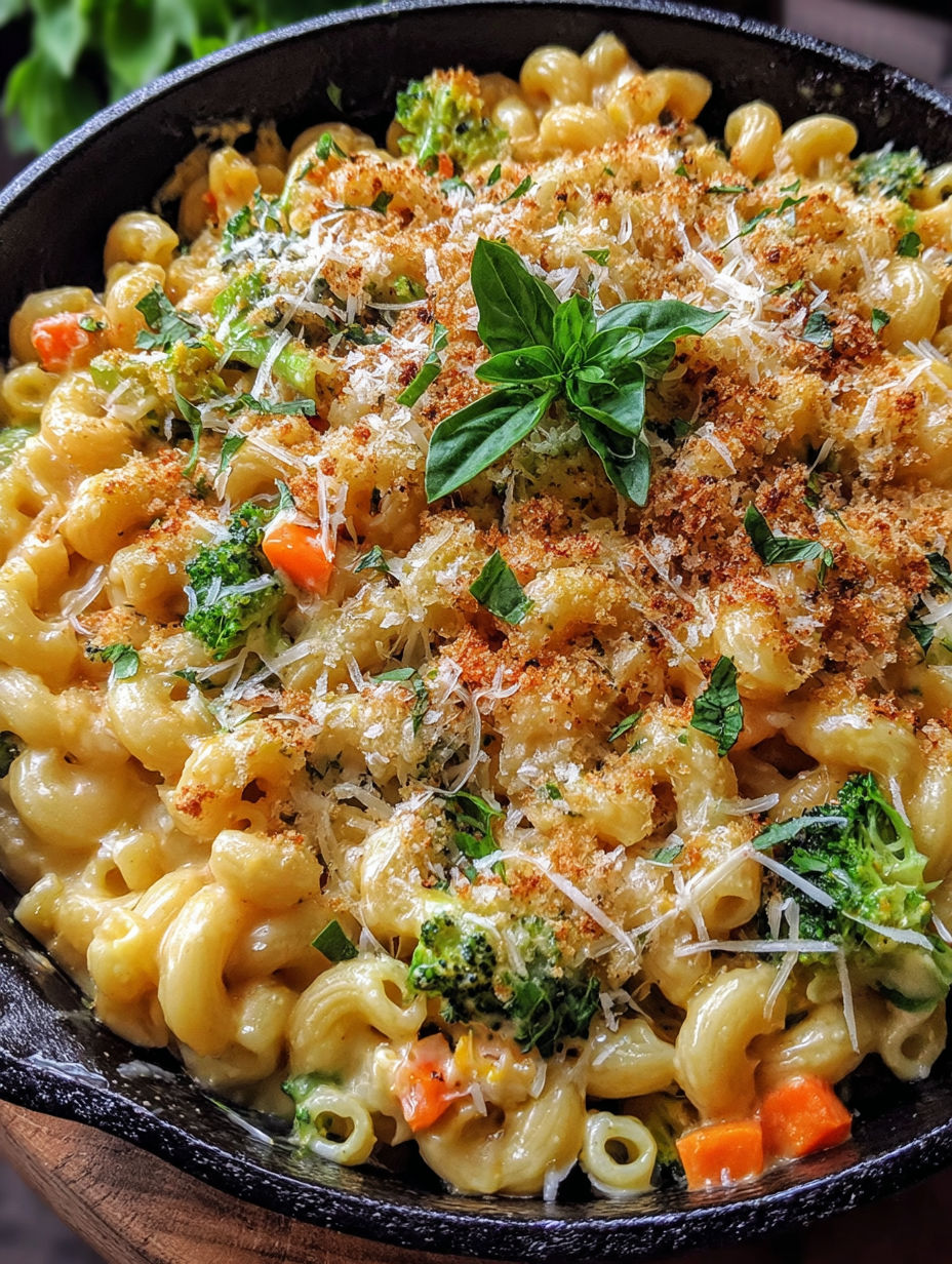 A close up of a dish of macaroni and cheese with broccoli and carrots.