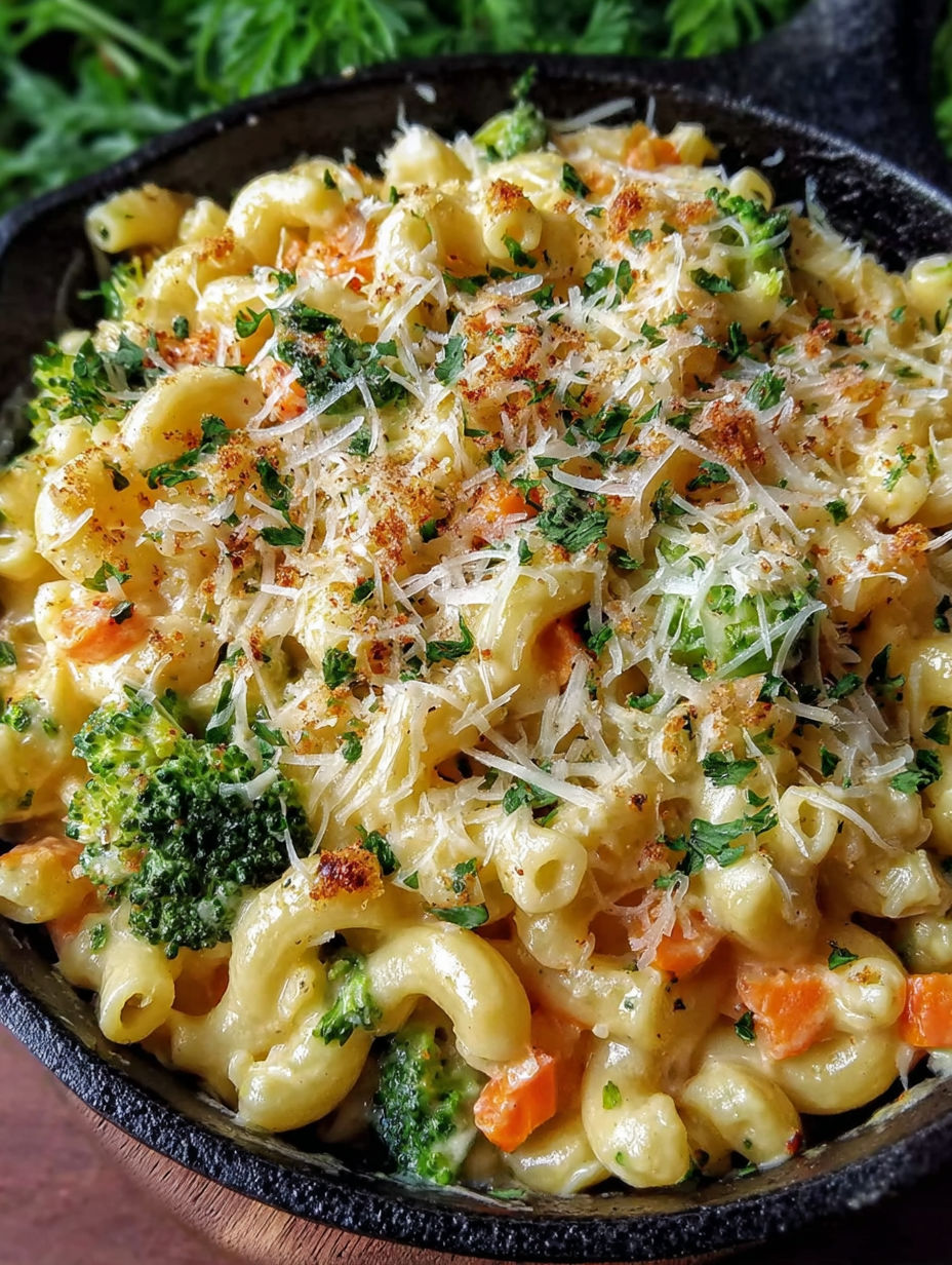 A bowl of pasta with broccoli and cheese.