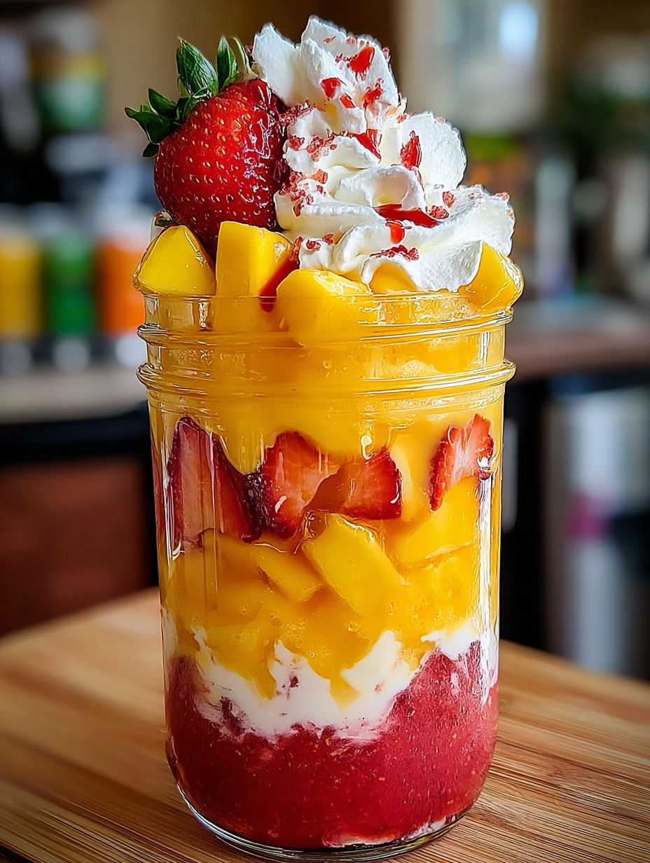 A glass of fruit with strawberries and mango.
