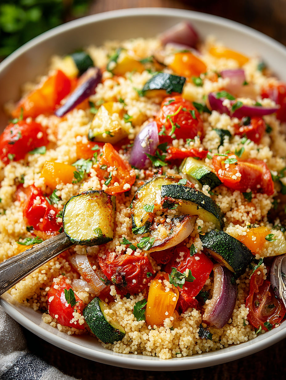 A bowl of roasted vegetables with couscous.