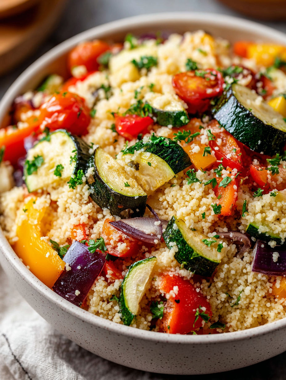 A bowl of roasted vegetables with couscous.
