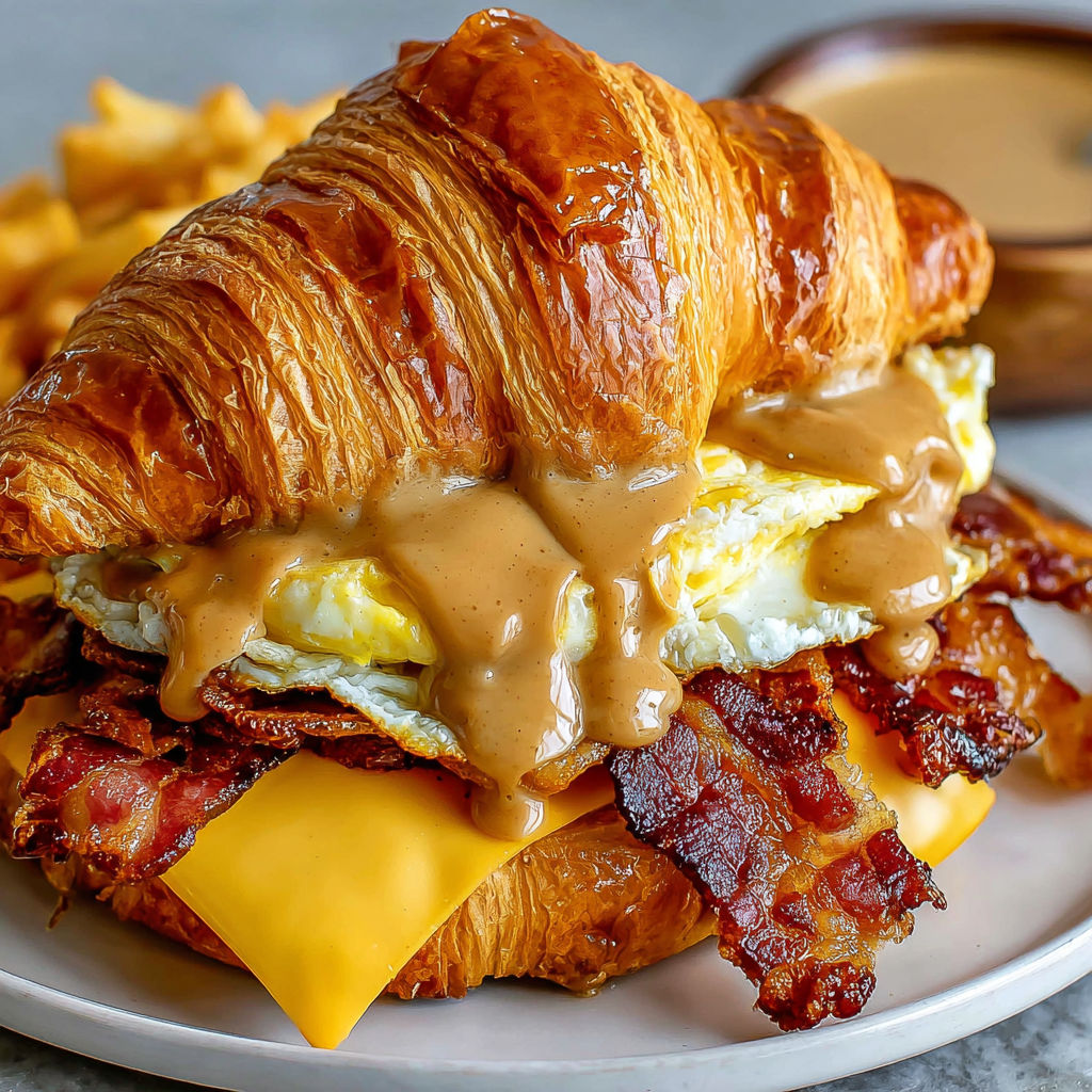 A croissant sandwich with maple mustard and bacon.