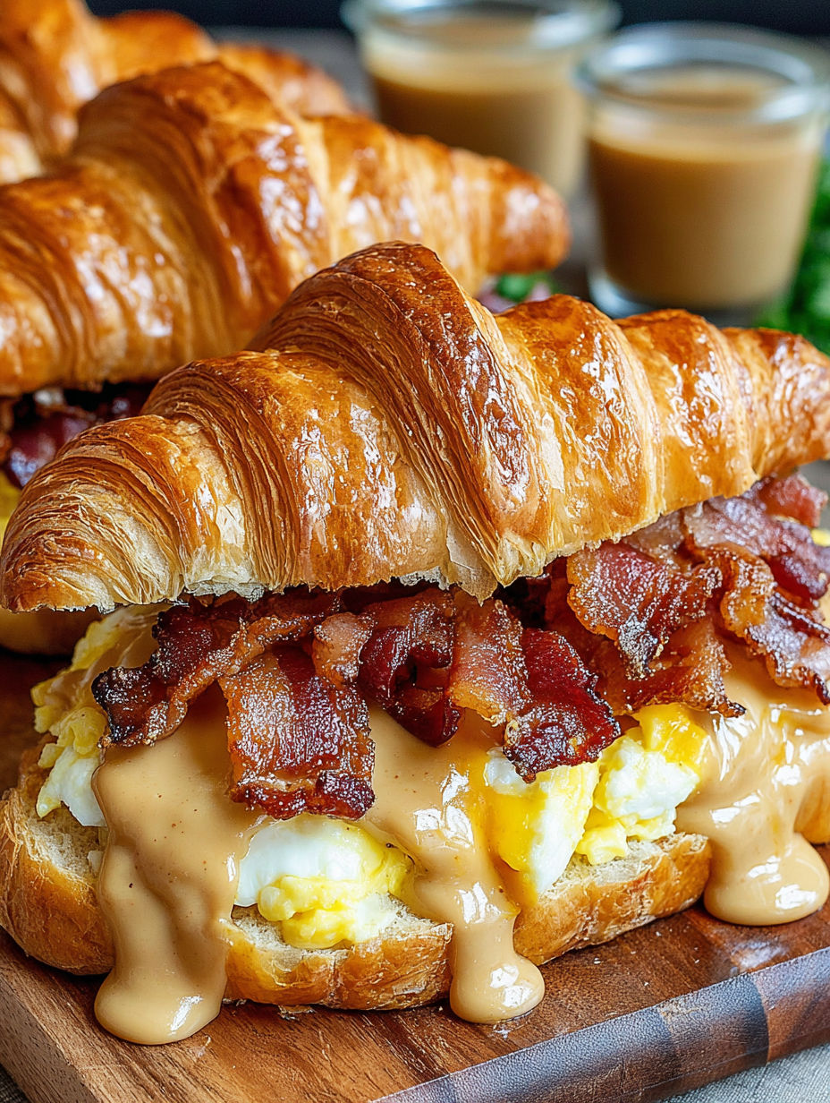 A croissant sandwich with bacon and maple mustard.