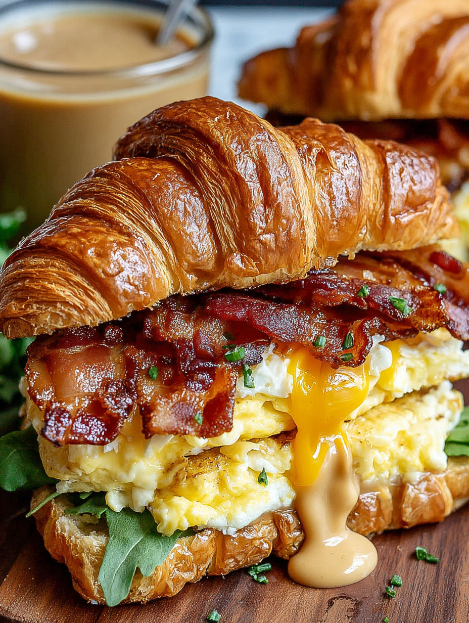 A croissant sandwich with egg, bacon, and maple mustard.