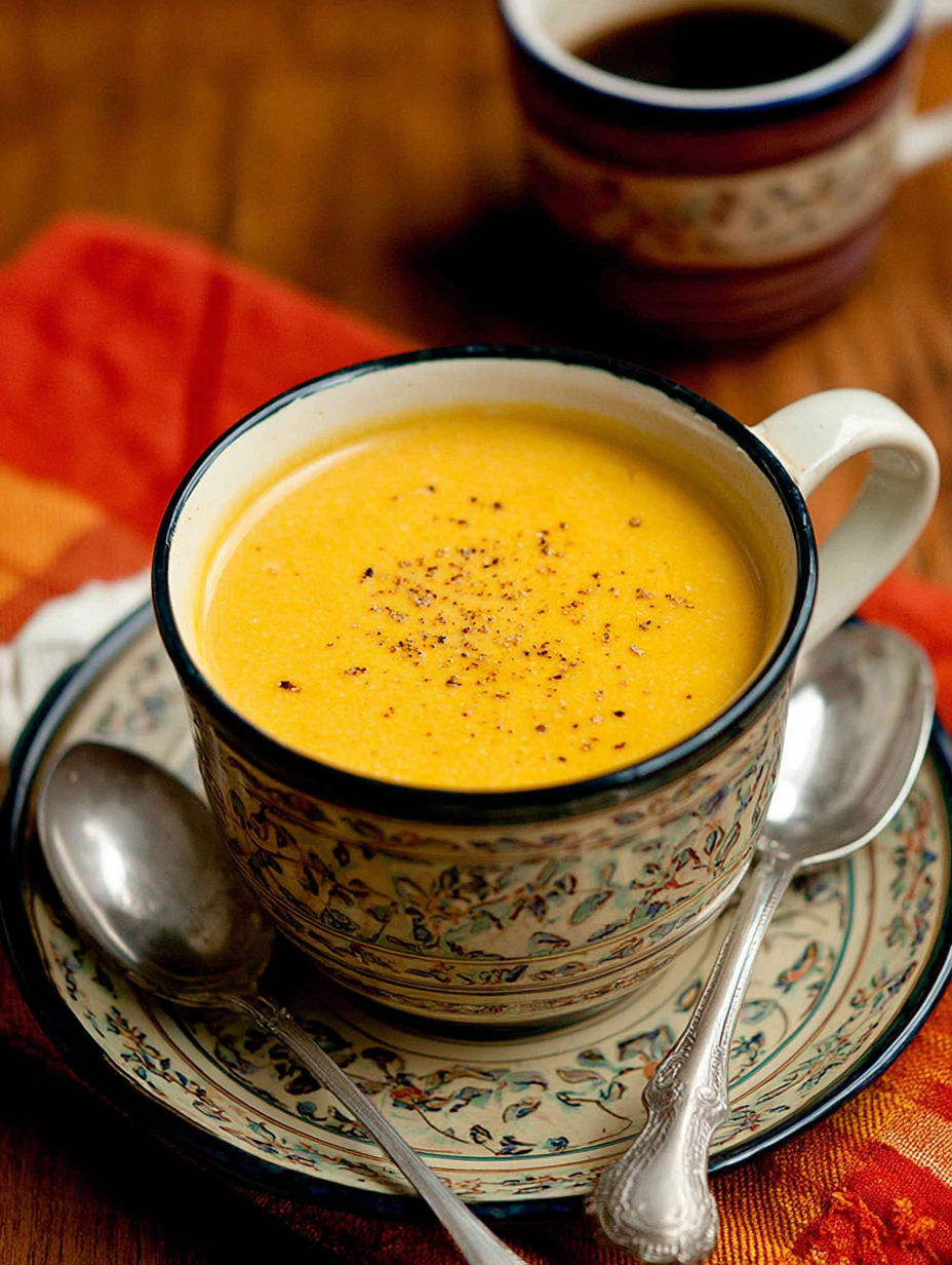 A cup of soup with a spoon in it.