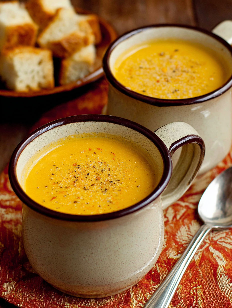 Two mugs of soup with bread in the background.