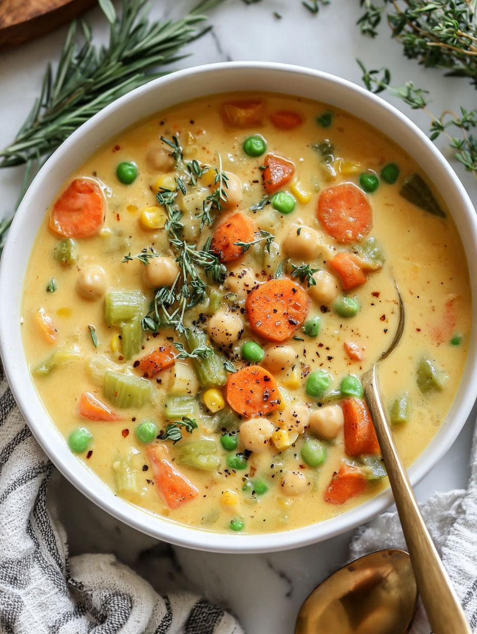 A bowl of soup with carrots, peas, and chickpeas.