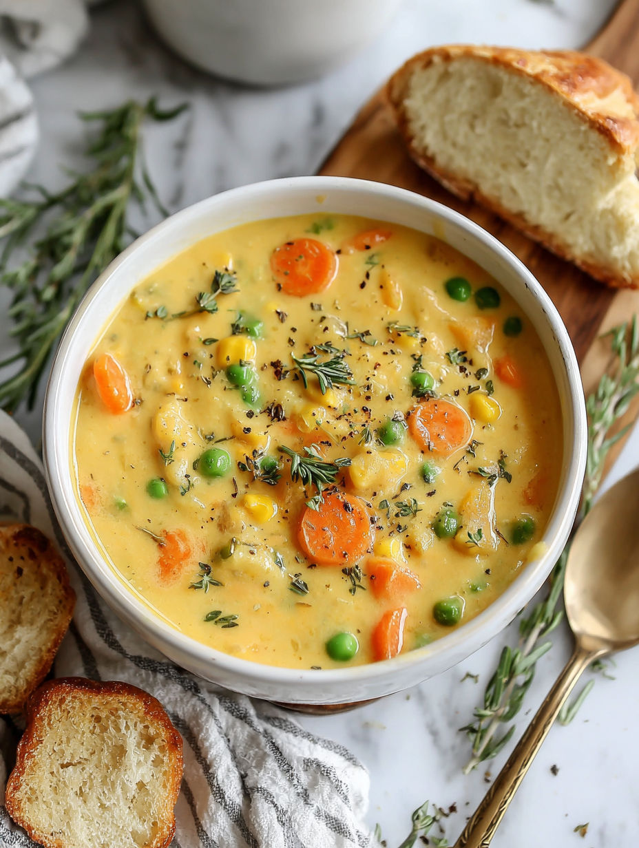 A bowl of creamy vegetable soup with carrots and peas.